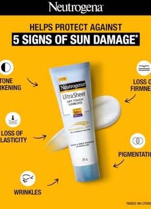 Neutrogena Ultra Sheer Sunscreen SPF 50+ | Broad Spectrum UVA/UVB | Blue light protect | No White Cast | Water resistant, Ultra light & Non sticky | Oily, Dry & Sensitive Skin | 30 g (Pack of 1)