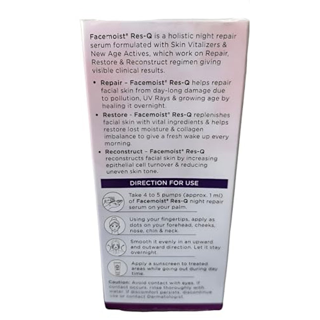 Facemoist RES-Q Night Repair Serum | Repair-Restore-Reconstruct | Dermatologically Tested | Skin pH Friendly | Net Weight - 30 ml | Pack of 1