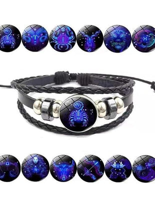 Zodiac Constellation Braided Design Black Leather Bracelet Adjustable