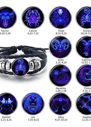 Zodiac Constellation Braided Design Black Leather Bracelet Adjustable