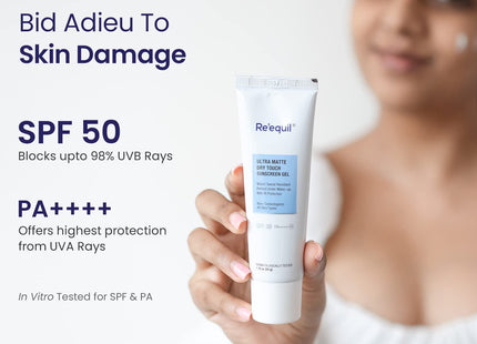 Re' Equil Ultra Matte Dry Touch Sunscreen Gel Spf 50 Pa++++, Water Resistant With Zinc Oxide And Titanium Dioxide 50G
