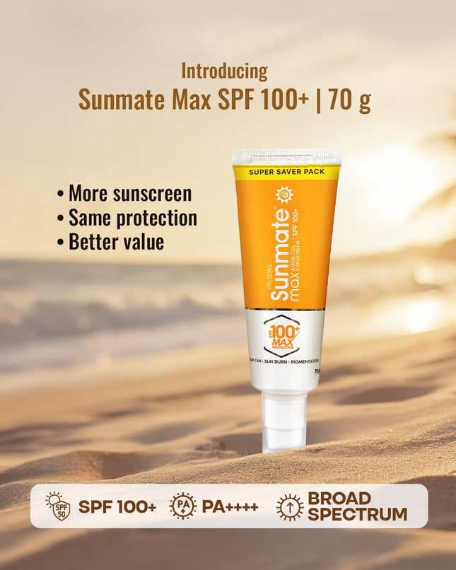 Sunmate Max SPF 100+ PA++++ Broad Spectrum Sunscreen | Oil-Free, Matte Finish, Zero White Cast | For Pigmented & Sensitive Skin | 70 GM