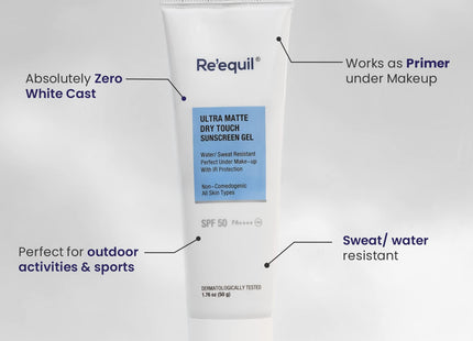 Re' Equil Ultra Matte Dry Touch Sunscreen Gel Spf 50 Pa++++, Water Resistant With Zinc Oxide And Titanium Dioxide 50G