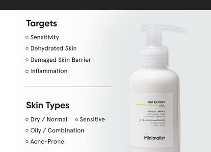 Minimalist Gentle Cleanser 6% Oat Extract For Sensitive Skin | Hydrating | Sulphate Free | Non-Drying | Non-Irritant | Gentle Face Wash With Hyaluronic Acid (120 ml)