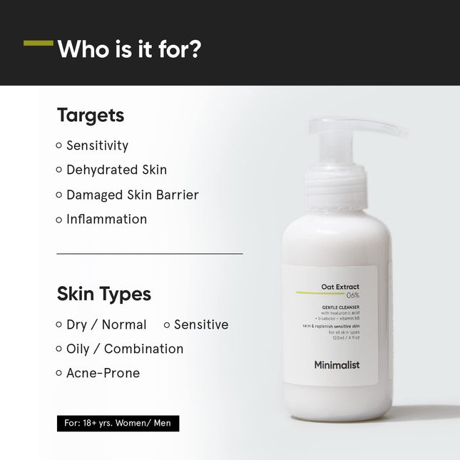 Minimalist Gentle Cleanser 6% Oat Extract For Sensitive Skin | Hydrating | Sulphate Free | Non-Drying | Non-Irritant | Gentle Face Wash With Hyaluronic Acid (120 ml)