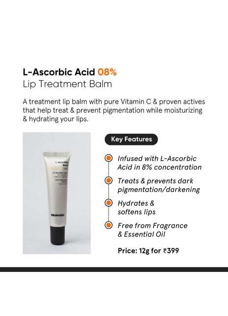 Minimalist 8% L-Ascorbic Acid Lip Treatment Balm with Vitamin E, Radianskin & Glycerine for Pigmented & Dark Lips | For Women & Men | 12 gm