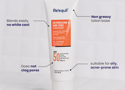 RE' EQUIL Oxybenzone and OMC Free Sunscreen For Oily, Sensitive & Acne Prone Skin, SPF 50 PA+++ - 50g