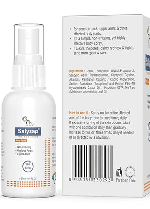 Salyzap Body Acne Spray For Acne on Back, Shoulders, Neck & Chest to improve Breakouts & Uneven skin texture for Women & Men - 50ml