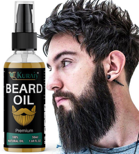 KURAIY® Beard Oil for Growing Beard Faster with Almond & Thyme, 100% NATURAL, Best Beard Growth Oil for Men, Nourishes & Strengthens Uneven Patchy Beard - 50ML