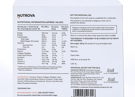 NUTROVA Collagen+Antioxidants Supplement - of Marine Collagen Powder for Men & Women,Increases Skin Hydration,Reduces Skin Damage,Supports Healthy Skin,Hair & Nails,Cranberry, 1 count,30 Servings