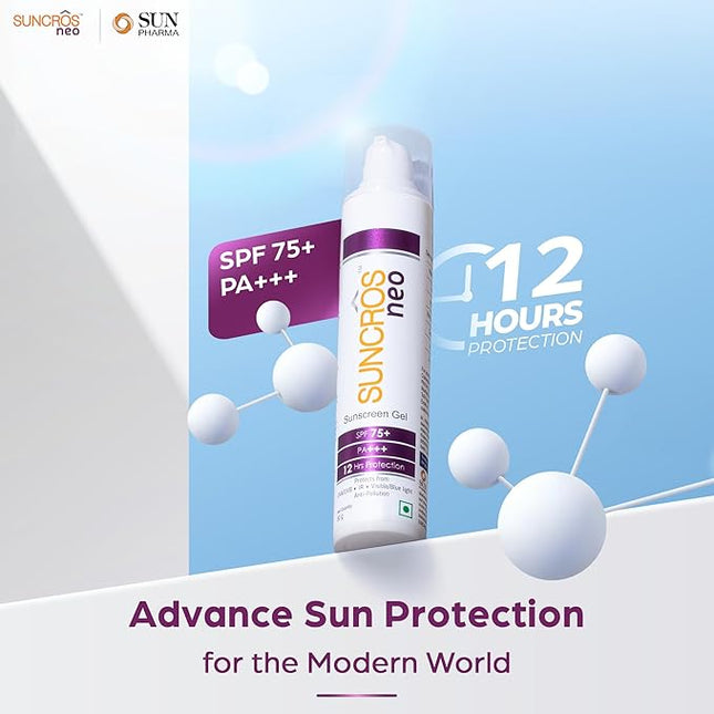 Sunpharma Suncros Neo Sunscreen Gel, SPF 75+ & PA+++ Sun Protection, Sweat & Water-Resistant Sunscreen, 50g