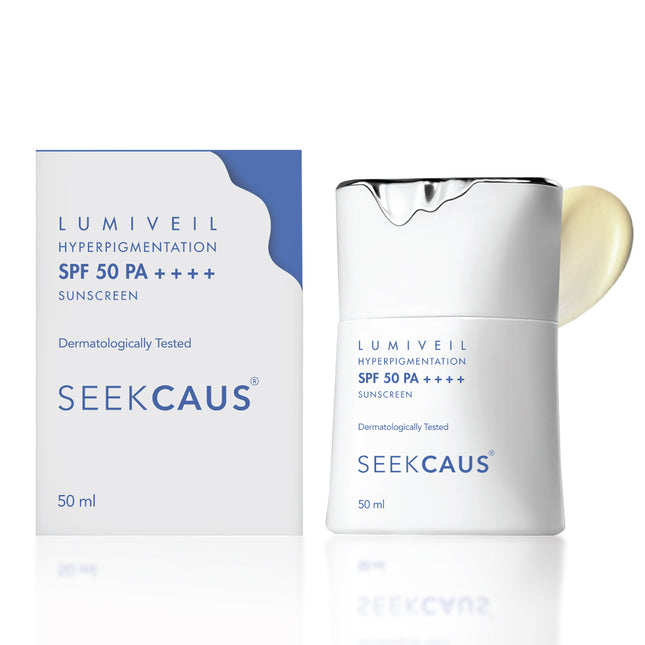 Seekcaus Lumiveil Hyperpigmentation Sunscreen SPF 50 PA++++ | Prevents Hyperpigmentation Recurrence | Blue Light Protection | Alpha Arbutin | Lightweight Fluid Sunscreen | Broad Spectrum UVA UVB Protection | 50ml