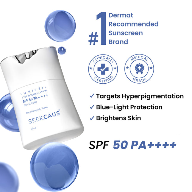 Seekcaus Lumiveil Hyperpigmentation Sunscreen SPF 50 PA++++ | Prevents Hyperpigmentation Recurrence | Blue Light Protection | Alpha Arbutin | Lightweight Fluid Sunscreen | Broad Spectrum UVA UVB Protection | 50ml