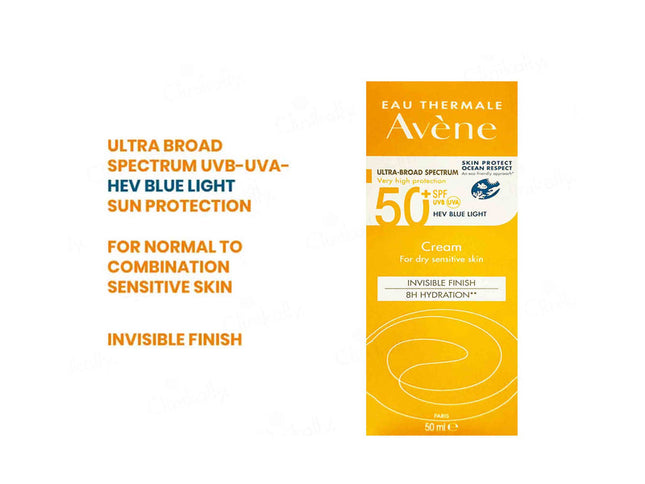 Avene Invisible Finish 8 hr hydration Very High Protection Sunscreen Cream SPF 50+ 50ml