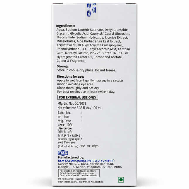 KLM KLIN AHA Facewash Gel 100 mL back packaging with ingredients and directions