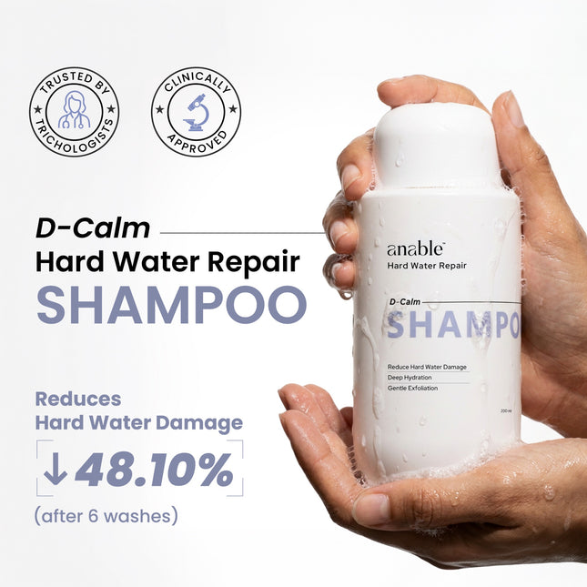 Anable D-Calm Shampoo reducing hard water damage after six washes