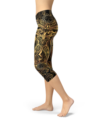 Womens Golden Ornament Owl Capri Leggings