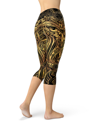 Womens Golden Ornament Owl Capri Leggings