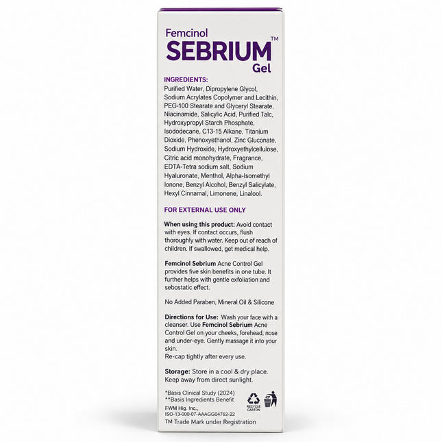 Femcinol Sebrium Gel 50 g ingredients and directions panel