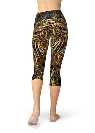 Womens Golden Ornament Owl Capri Leggings