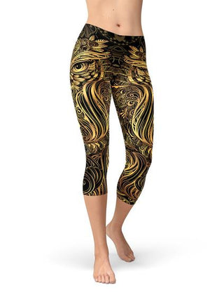 Womens Golden Ornament Owl Capri Leggings