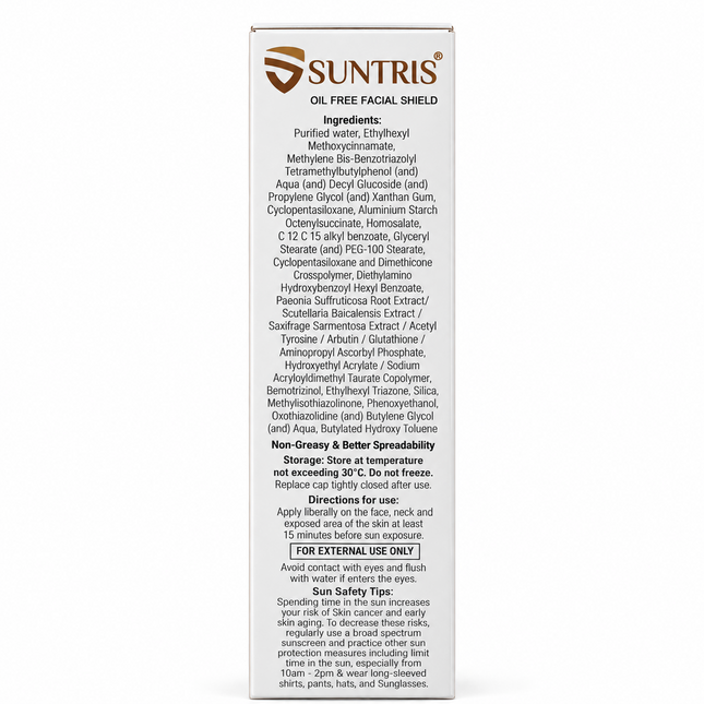 SUNTRIS Oil Free Facial Shield sunscreen 50 g ingredients and directions panel