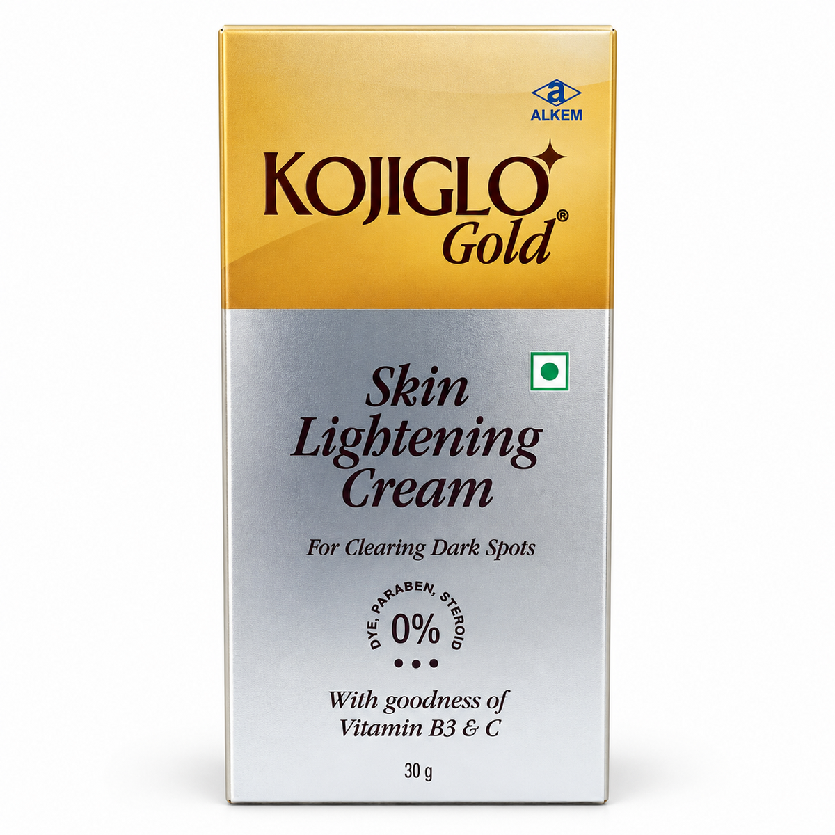 KOJIGLO Gold skincare cream 30 g carton front view, gold and silver packaging