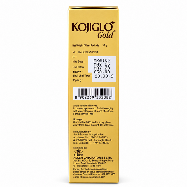 KOJIGLO Gold 30 g carton back panel with barcode and manufacturer information