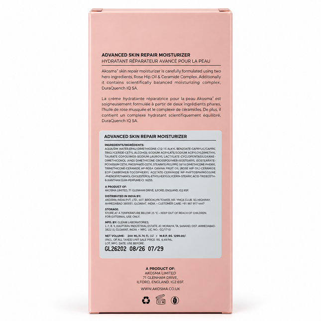 AKOSMA Advanced Skin Repair Moisturizer 200 ml back packaging with ingredients and product information