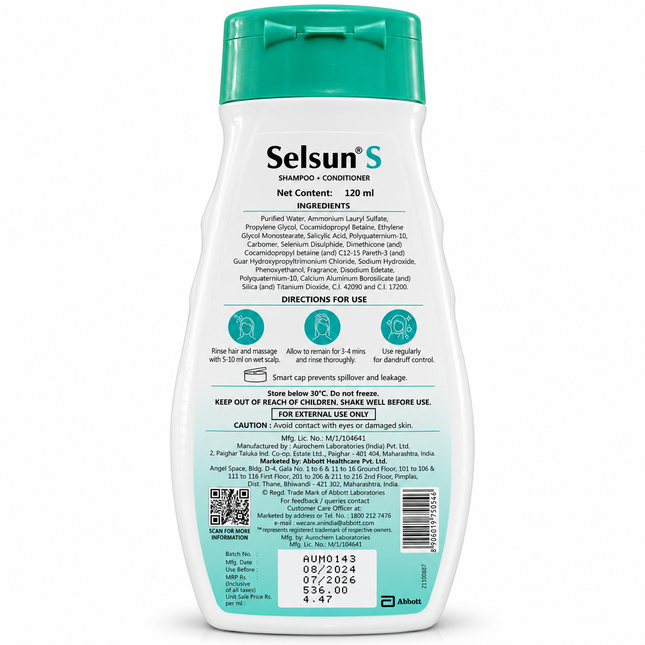 Selsun S 120 ml shampoo and conditioner bottle back label and ingredients