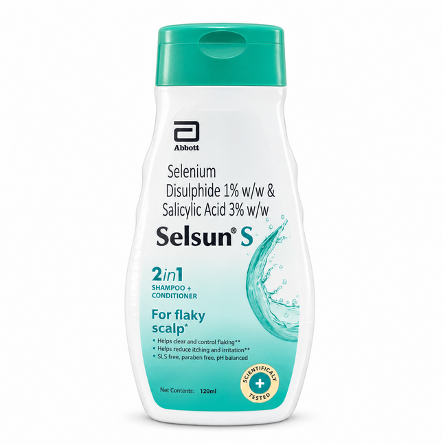 Selsun S 2-in-1 shampoo and conditioner 120 ml bottle front label