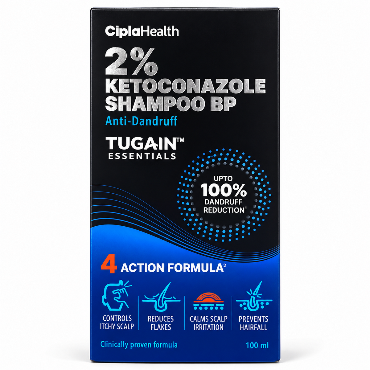 Tugain Essentials 100 ml shampoo carton front view by Cipla Health