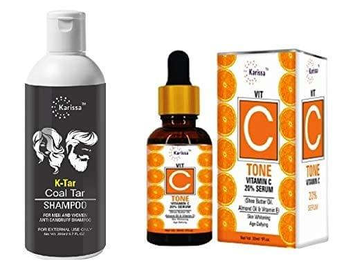 Karissa K Tar Anti dandruff Shampoo 200ml and Karissa Vit C Tone vitamin c 20% 30ml Combo KarissaKart