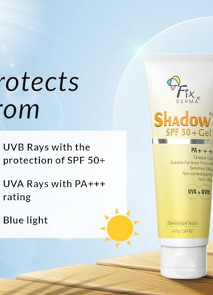 Fixderma Shadow Sunscreen SPF 50+ Gel | Sunscreen for Oily Skin | Sun Screen Protector SPF 50 | Sunscreen for Body & Face | Broad Spectrum Sunscreen for UVA & UVB Protection | Sunscreen for Women & Men | Non Greasy & Water Resistant - 75gm