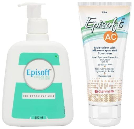 Episoft Sunscreen - 75 grams Cream and Cleansing Lotion for Sensitive & Dry Skin I Gentle Cleanser removes Excess oil I Moisturises and Makes Skin Soft and Glowing I Free of SLS & Paraben 250ml KarissaKart