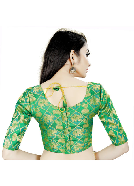 Women's Brocade, Inner-Cotton Full Stitched Padded Blouse (Green)
