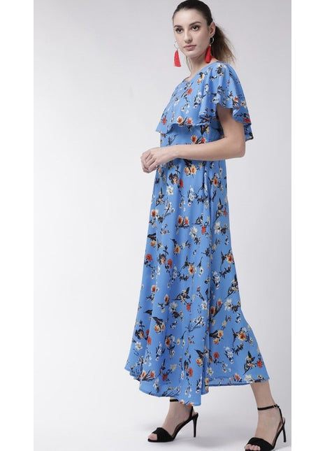 Women's Crepe Floral Half Sleeves Full Length Gown(Blue)