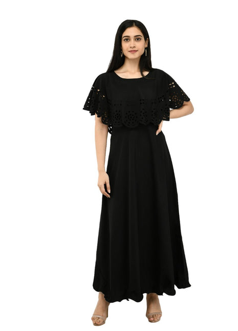 Women's Crepe Solid Sleeveless Full Length Gown(Black)