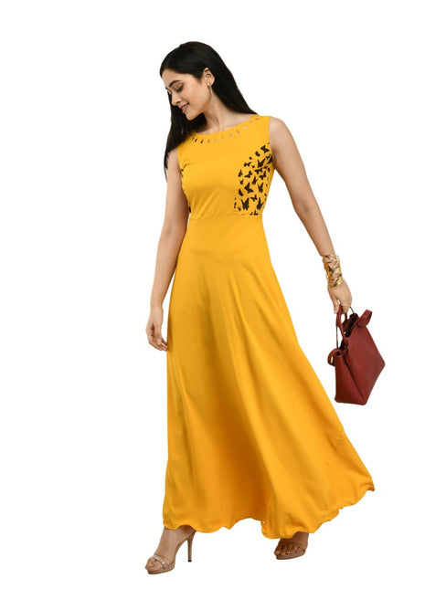 Women's Crepe Solid Sleeveless Full Length Gown(Yellow)