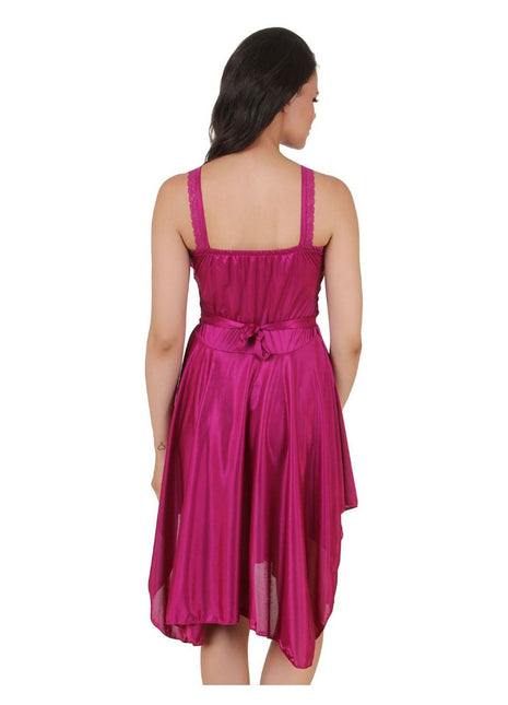 Women's Satin Short Nighty with Sleeve Less(Color: Wine, Neck Type: Square Neck)