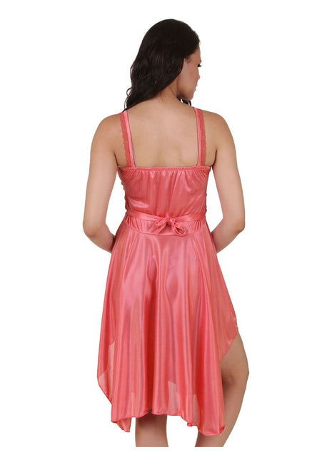 Women's Satin Short Nighty with Sleeve Less(Color: Coral Pink, Neck Type: Square Neck)