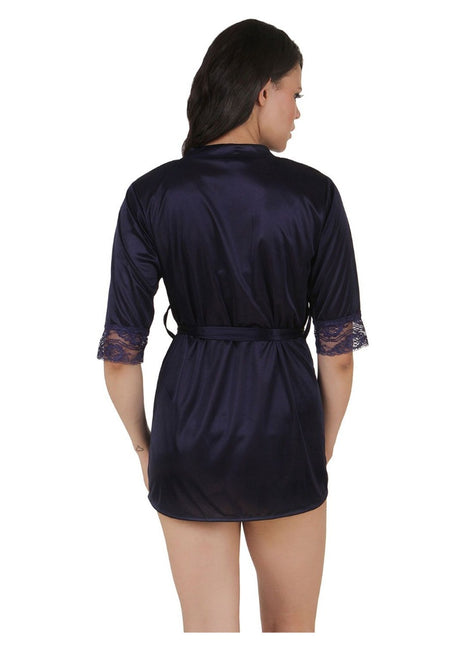 Women's Satin Babydoll Robe with Thong with Half Sleeve(Color: Navy Blue, Neck Type: V Neck)