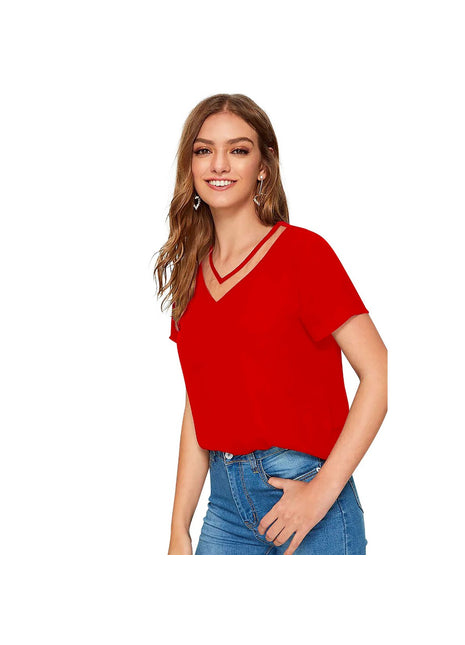 Women's Polyester, Knitting Western Wear T-Shirt (Red)