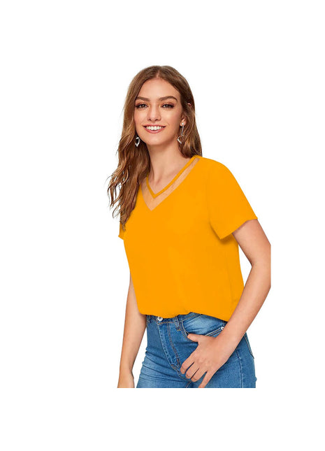 Women's Polyester, Knitting Western Wear T-Shirt (Yellow)