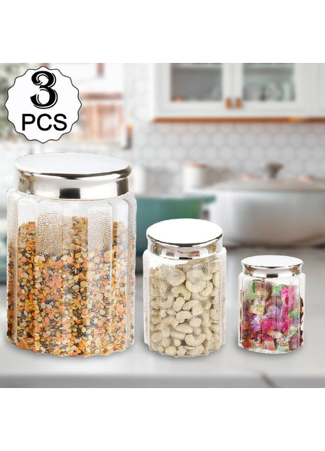 Kitchen Storage Airtight, Transparent 3 Pieces Round Jar Container with Stainless Steel lid (Color: Assorted)