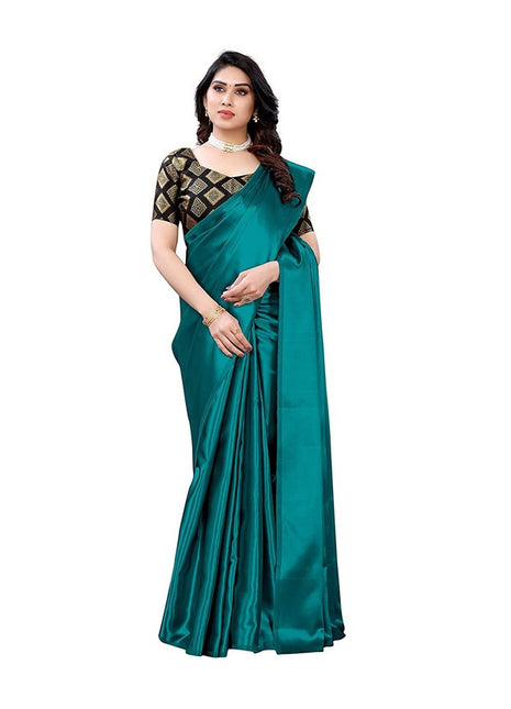 Generic Women's Satin Saree With Blouse (Teal, 5-6mtrs)