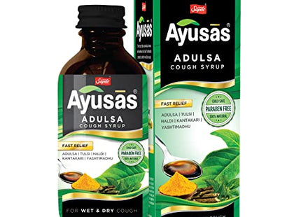 AYUSAS Sapat Adulsa Cough Syrup, Effective Triple-action formula trusted by generations, Paraben Free, 100% Natural, for Wet and Dry Cough, (Pack of 2) (100 ml)