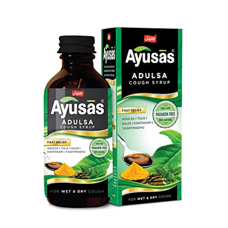 AYUSAS Sapat Adulsa Cough Syrup, Effective Triple-action formula trusted by generations, Paraben Free, 100% Natural, for Wet and Dry Cough, (Pack of 2) (100 ml)