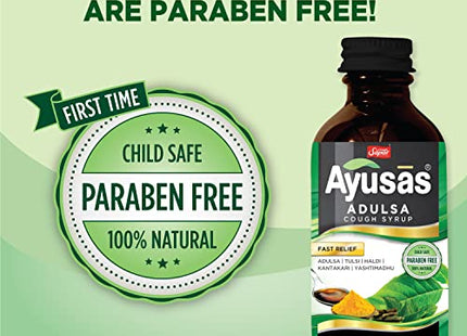 AYUSAS Sapat Adulsa Cough Syrup, Effective Triple-action formula trusted by generations, Paraben Free, 100% Natural, for Wet and Dry Cough, (Pack of 2) (100 ml)