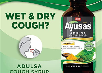 AYUSAS Sapat Adulsa Cough Syrup, Effective Triple-action formula trusted by generations, Paraben Free, 100% Natural, for Wet and Dry Cough, (Pack of 2) (100 ml)